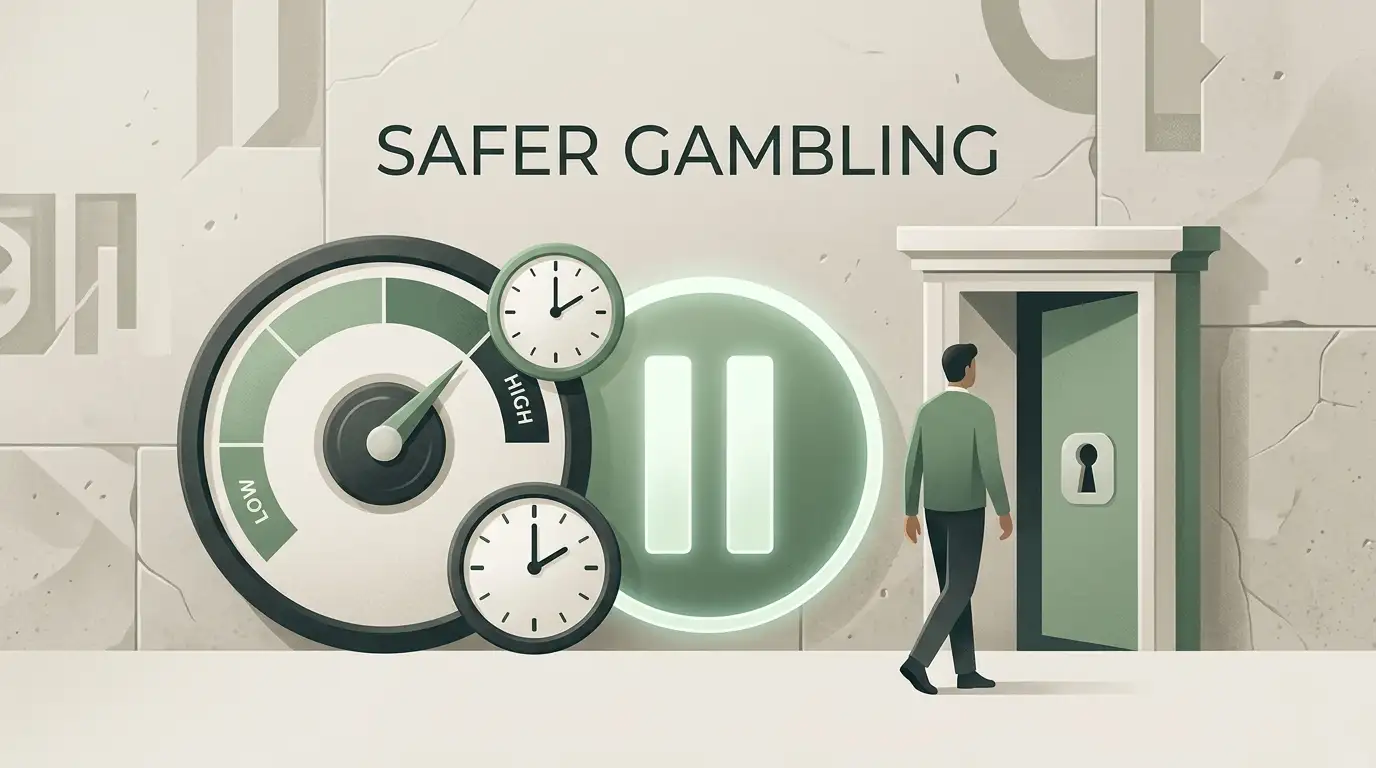 Conceptual safer-gambling illustration with spending limits, time controls and self-exclusion symbols