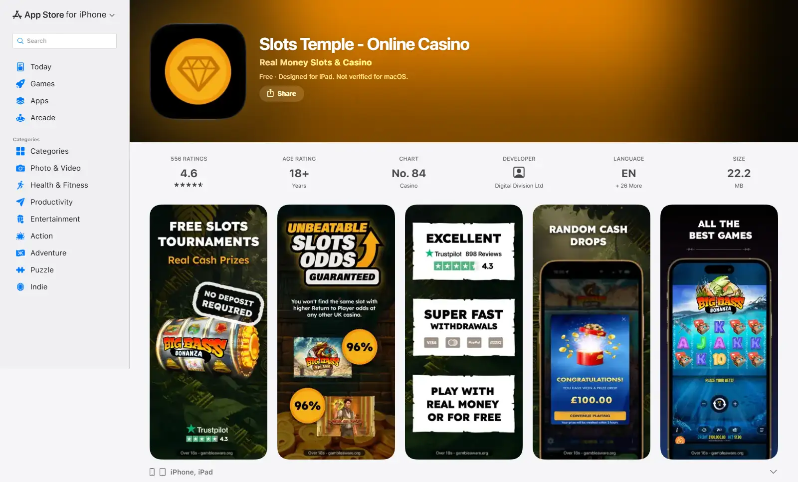 Current Slots Temple Online Casino listing in the UK Apple App Store