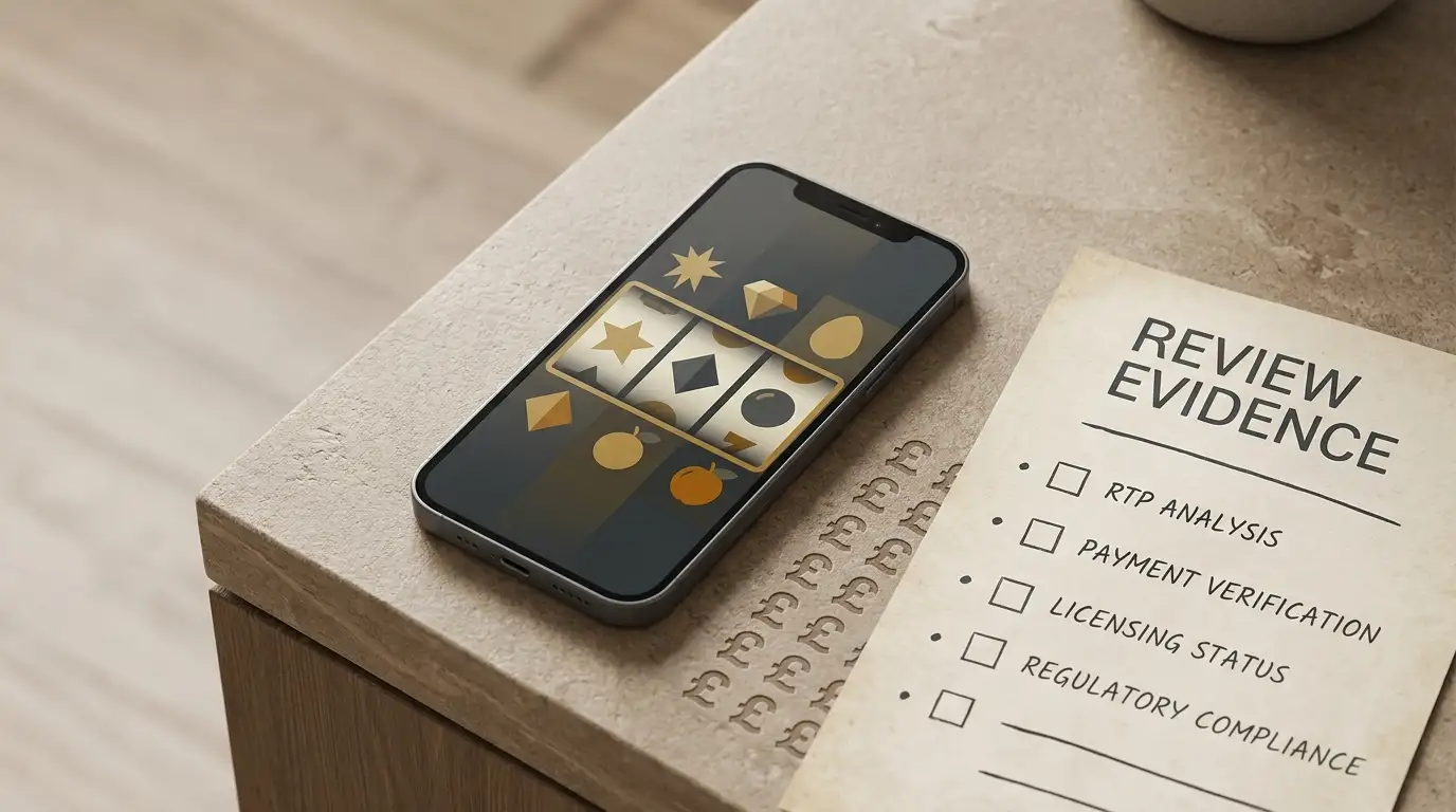 Editorial illustration of a UK online slots review with a phone, slot symbols and evidence checklist