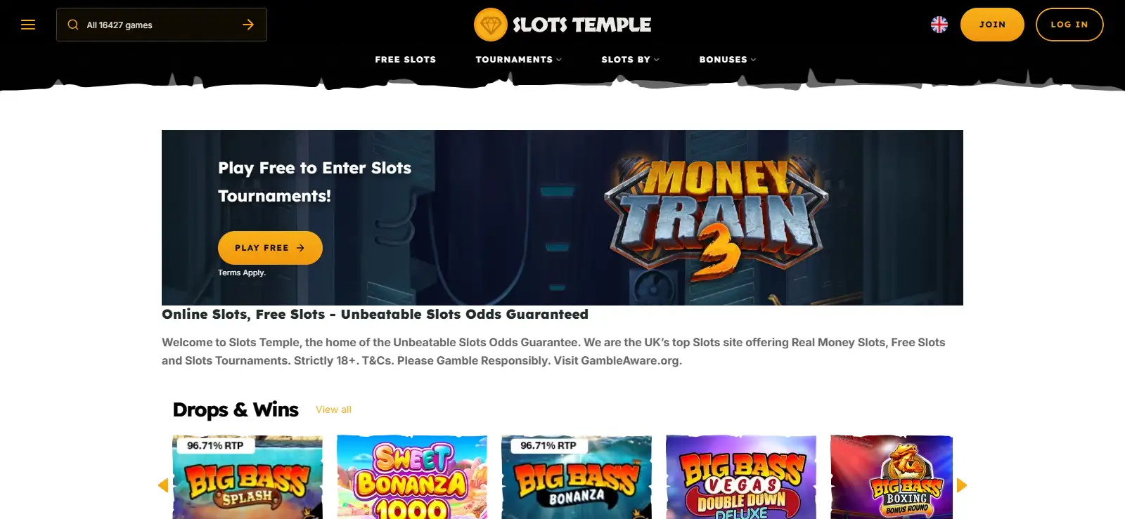 Official Slots Temple homepage view showing its current slots and RTP positioning