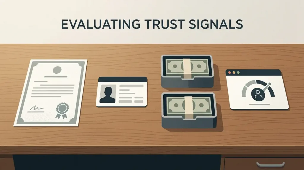 Editorial checklist showing licence verification, identity checks, customer funds disclosure and safer gambling controls