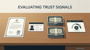 Editorial checklist showing licence verification, identity checks, customer funds disclosure and safer gambling controls