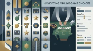 Editorial collage of slot reels, live dealer table motifs and casino game library filters