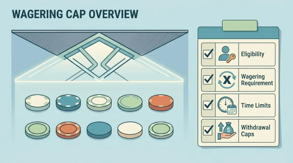 Editorial diagram of a ten times wagering ceiling beside a casino bonus terms checklist