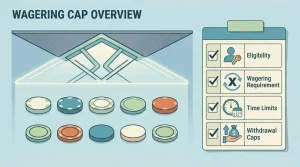 Editorial diagram of a ten times wagering ceiling beside a casino bonus terms checklist