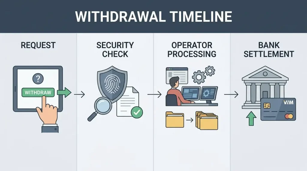 Editorial diagram showing a withdrawal request moving through security checks, operator processing and bank settlement to a debit card
