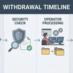 Editorial diagram showing a withdrawal request moving through security checks, operator processing and bank settlement to a debit card