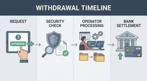 Editorial diagram showing a withdrawal request moving through security checks, operator processing and bank settlement to a debit card