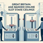 Editorial graphic showing a £2 online slot stake cap for ages 18 to 24 and a £5 cap for ages 25 and over