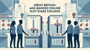 Editorial graphic showing a £2 online slot stake cap for ages 18 to 24 and a £5 cap for ages 25 and over