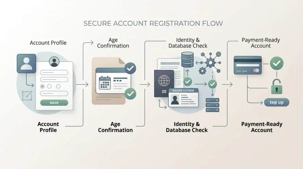 Editorial illustration of a registration flow moving from account details through age and identity checks to payment readiness