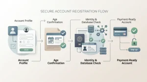 Editorial illustration of a registration flow moving from account details through age and identity checks to payment readiness