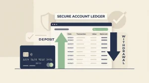 Editorial illustration of a UK debit card funding a casino account with separate deposit and withdrawal arrows