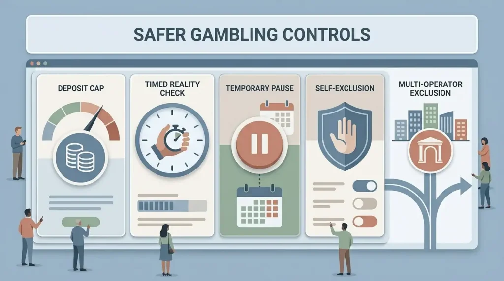 Editorial illustration of safer gambling controls including deposit limits, reality checks, time out, self-exclusion and a separate GAMSTOP pathway