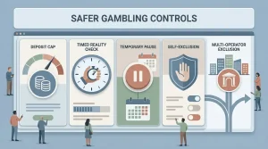 Editorial illustration of safer gambling controls including deposit limits, reality checks, time out, self-exclusion and a separate GAMSTOP pathway