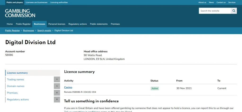 Gambling Commission public register entry for Digital Division Ltd account 58086 showing an active Casino Remote licence