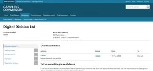 Gambling Commission public register entry for Digital Division Ltd account 58086 showing an active Casino Remote licence