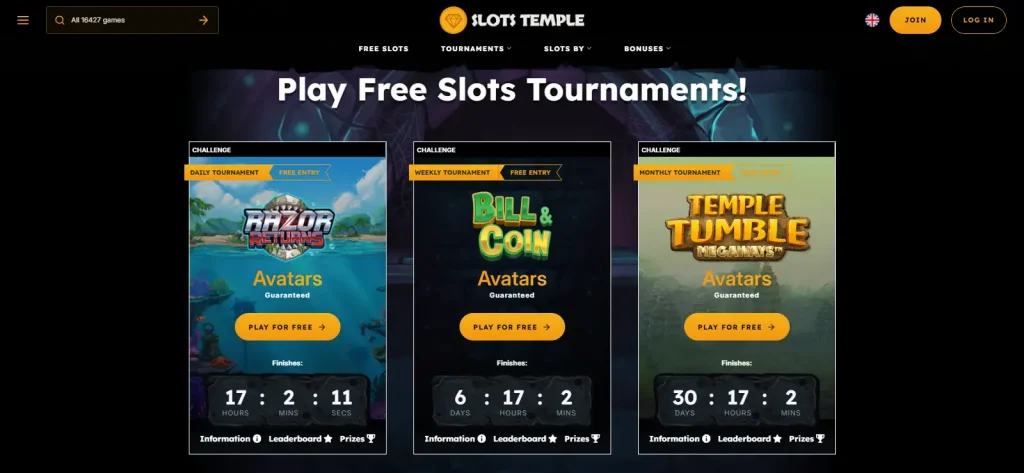 Real Slots Temple tournament schedule showing tournament cards and leaderboard entry context